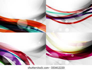 Set of abstract backgrounds. Curve wave lines with light and shadow effects, rainbow style stripes and flares
