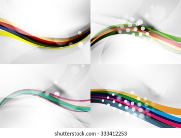 Set of abstract backgrounds. Curve wave lines with light and shadow effects, rainbow style stripes and flares