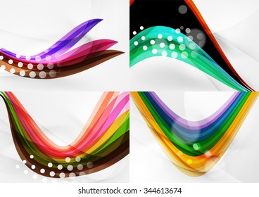 Set of abstract backgrounds. Curve wave lines with light and shadow effects, rainbow style stripes and flares