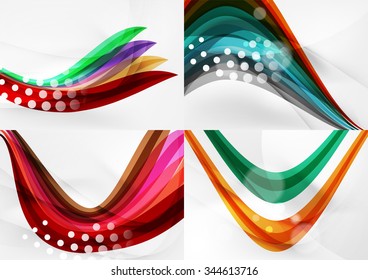 Conjunto de fondos abstractos. Líneas de onda de curva con efectos de luz y sombra, rayas de estilo arcoiris y destellos