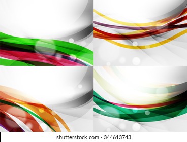 Set of abstract backgrounds. Curve wave lines with light and shadow effects, rainbow style stripes and flares