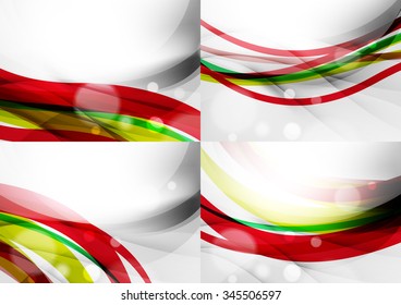 Set of abstract backgrounds. Curve wave lines with light and shadow effects, rainbow style stripes and flares