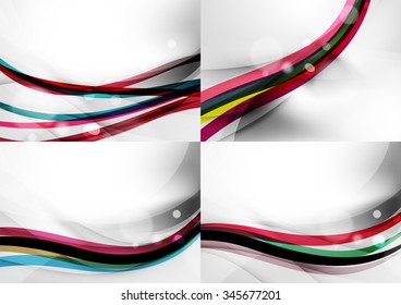 Set of abstract backgrounds. Curve wave lines with light and shadow effects, rainbow style stripes and flares