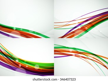 Conjunto de fondos abstractos. Líneas de onda de curva con efectos de luz y sombra, rayas de estilo arcoiris y destellos