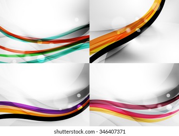 Conjunto de fundos abstratos. Linhas de onda de curva com efeitos de luz e sombra, listras estilo arco-íris e clarões