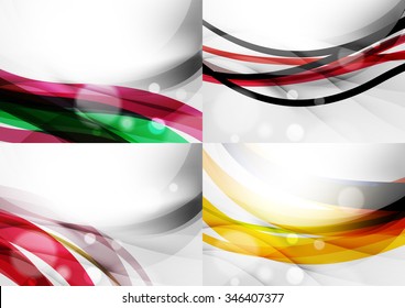 Set of abstract backgrounds. Curve wave lines with light and shadow effects, rainbow style stripes and flares