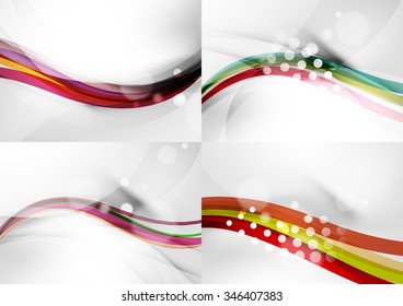 Conjunto de fondos abstractos. Líneas de onda de curva con efectos de luz y sombra, rayas de estilo arcoiris y destellos