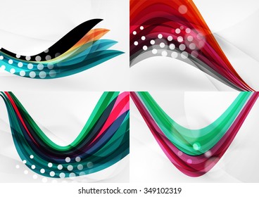 Set of abstract backgrounds. Curve wave lines with light and shadow effects, rainbow style stripes and flares