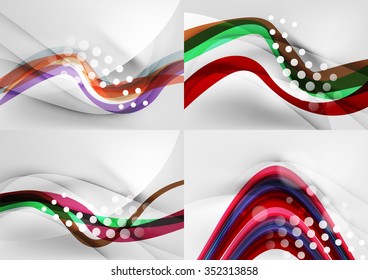 Conjunto de fondos abstractos. Líneas de onda de curva con efectos de luz y sombra, rayas de estilo arcoiris y destellos