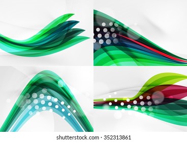 Set of abstract backgrounds. Curve wave lines with light and shadow effects, rainbow style stripes and flares