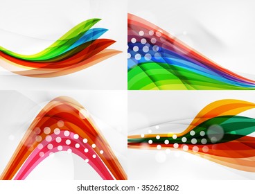 Conjunto de fondos abstractos. Líneas de onda de curva con efectos de luz y sombra, rayas de estilo arcoiris y destellos
