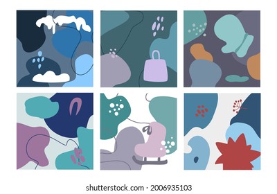 conjunto de fondos abstractos con formas onduladas curvadas y elementos decorativos navideños de invierno, ilustraciones vectoriales artísticas texturas