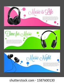 Set of abstract backgrounds for dance music party or discotheque flyer template with headset - vector illustration. Colorful layouts collection with headphones.