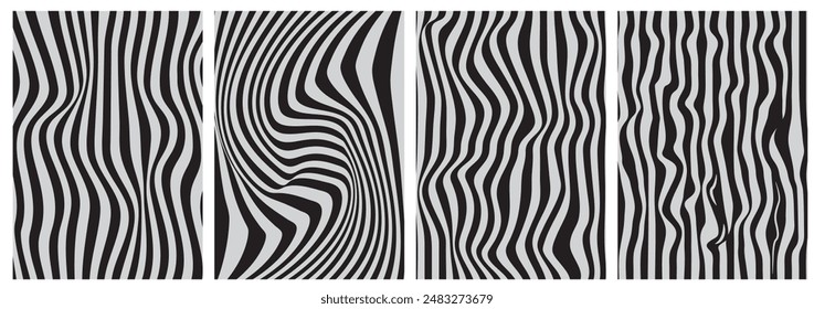 a set of Abstract backgrounds from distorted stripes imitating zebra fur. Vector covers for stories, presentations, notebooks.