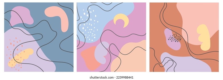 Un conjunto de antecedentes abstractos. Doodles dibujados de diversas formas, con esmalte, puntos, gotas, curvas. Ilustraciones modernas de vectores de moda. Cada fondo está aislado. Patrones, papel pintado