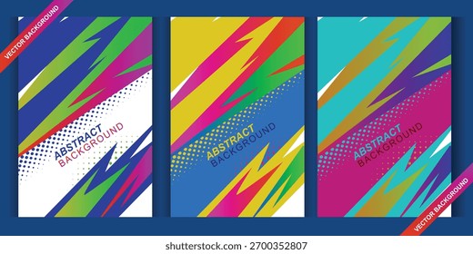 A set of abstract backgrounds featuring dynamic brush strokes, halftone patterns, and vibrant color palettes, suitable for modern design projects.
