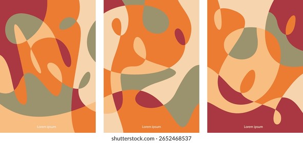 A set of abstract backgrounds featuring smooth, organic shapes in warm autumn-inspired tones like burnt orange, olive green, deep red, and beige.