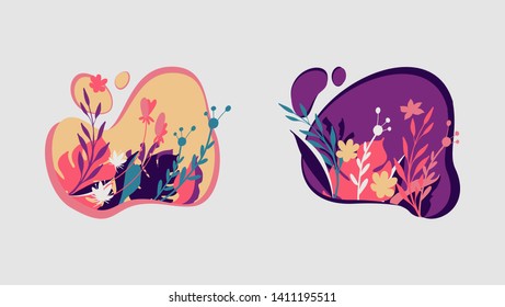 Set of abstract backgrounds with floral elements. Banners, posters, cover design templates, with leaves and flowers