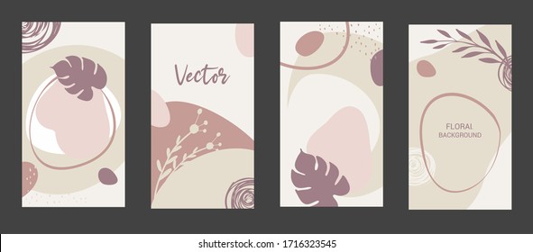 Set of abstract backgrounds with floral elements. Banners, posters, cover design templates, with leaves and flowers