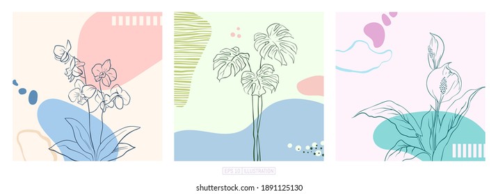 Set of abstract backgrounds. Flower silhouette. Minimal hand drawn geometric shapes composition. Pastel colorful pattern. Editable mask. Template for your design works. Vector illustration.