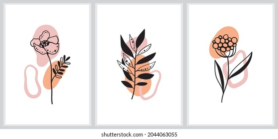 Set of abstract backgrounds with flowers and floral elements. Modern forms for decoration and design. Vector illustration, line drawing