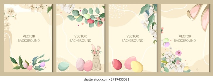 Conjunto de fondos abstractos con flores, conejos y huevos. Vector para volantes, postales, diseño y redes sociales.
