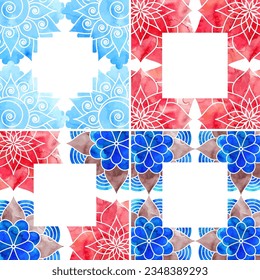 Set of abstract backgrounds with frame and white blank for the cover decorated, blue and red watercolor ethnic oriental pattern mandala