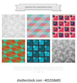 set of abstract backgrounds with geometric, colorful ornament. vector seamless pattern design. decorative, textured wallpapers collection. fashion print template