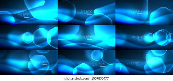 Set of abstract backgrounds - geometric neon glowing glass hexagons designs. Vector illustration