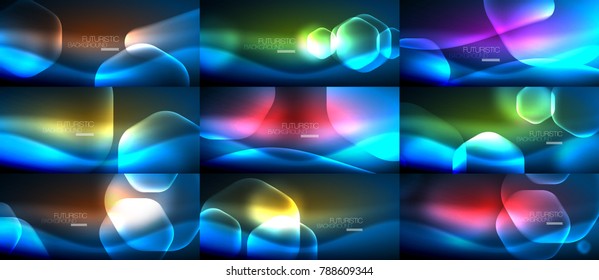 Conjunto de fundos abstratos - desenhos de hexágonos de vidro brilhantes de néon geométrico. Ilustração vetorial