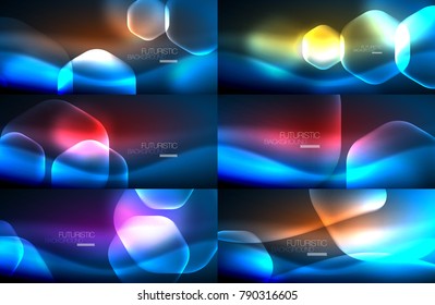 Set of abstract backgrounds - geometric neon glowing glass hexagons designs. Vector illustration