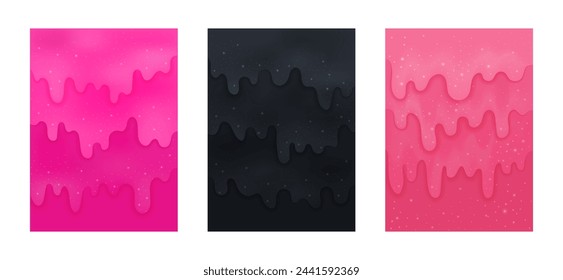 Set of abstract backgrounds with glittered liquid slime. isolated vector textures for happy birthday, sale, cover, poster, greeting cards, Halloween designs. Vertical illustrations with blank space. 