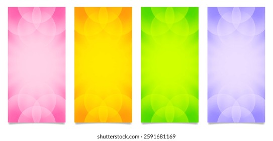 Set of abstract backgrounds with glow and transparent bubbles. Orange, green, pink, orange and purple vertical banner templates.	