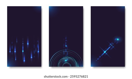 A set of abstract backgrounds with glowing 3d objects.