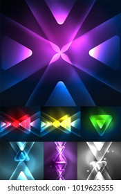 Set of abstract backgrounds - glowing neon color light effects, techno digital dark space concepts with geometric shapes