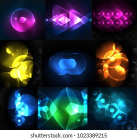 Set of abstract backgrounds - glowing neon color light effects, techno digital dark space concepts with geometric shapes