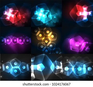 Set of abstract backgrounds - glowing neon color light effects, techno digital dark space concepts with geometric shapes