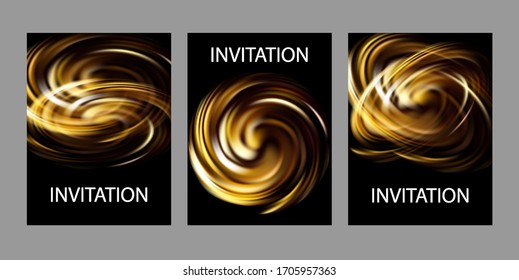 A set of abstract backgrounds. The Golden vortex. Black luminous background for invitations, flyers, banners.