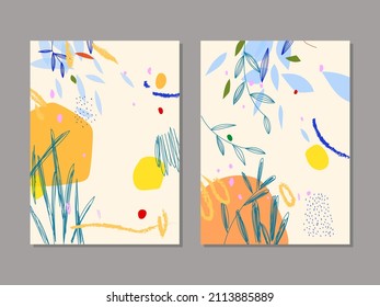 Conjunto de fondos abstractos dibujando a mano varias formas, hojas, objetos de doodle. Ilustración vectorial contemporánea moderna de moda.