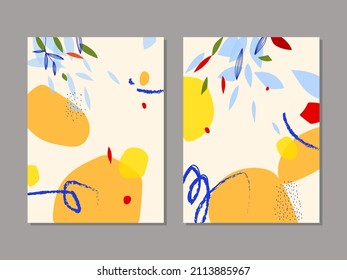 Conjunto de fondos abstractos dibujando a mano varias formas, hojas, objetos de doodle. Ilustración vectorial contemporánea moderna de moda.