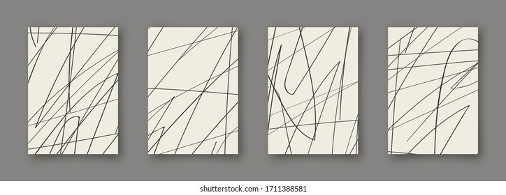 Set of abstract backgrounds. Hand drawn doodle various shapes. Scribble vector posters. Contemporary modern trendy vector illustrations. Every banner is isolated. Monochrome colors