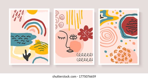 Set of abstract backgrounds with hand drawn various shapes and doodle objects. Contemporary modern trendy design. Vector illustrations. 