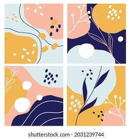 Set of abstract backgrounds with hand drawn shapes, leaves, spots. Modern vector backdrop design template for surface, social media and other