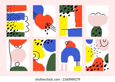Set of abstract backgrounds with hand drawn doodle objects. Modern collage of various organic shapes for trendy pre-made poster or print. Contemporary multicolored vector illustration