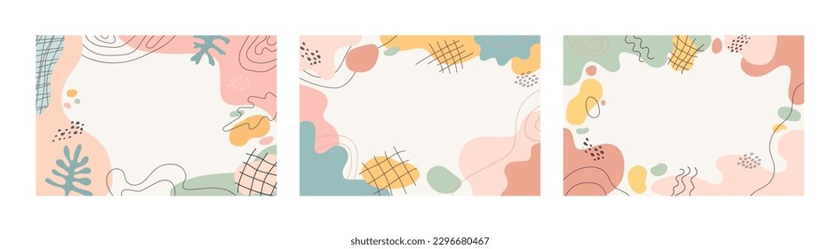 Set Abstract backgrounds. Hand drawn various shapes, lines, spots, drops, curves. Contemporary modern trendy Vector illustrations. Copy space. Patterns Geometric shapes forms