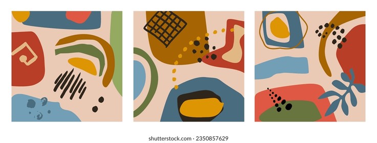  Set of  abstract backgrounds. Hand drawn various shapes and doodle objects. Contemporary modern trendy Vector illustrations. Every background is isolated. Pastel colors.