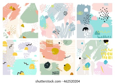 Set of Abstract backgrounds with hand drawn textures, memphis style. Universal cards, pastel colors. Retro design, fashion art