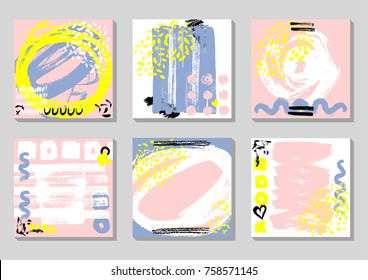 Set of Abstract backgrounds with hand drawn textures, memphis style. Universal cards, pastel colors. Retro design, fashion art for postcard, social media, ready to use.