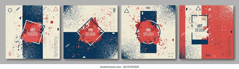 Set of abstract backgrounds. Hand-drawn posters in retro colors. Paint splashes, halftone elements. Design for cover, postcard, gift card, invitation. Vector illustrations.