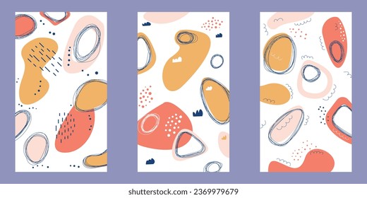 Set of abstract backgrounds. Hand-drawn scandinavian abstractions, patterns with textures, collage shapes. Abstract set of backgrounds.